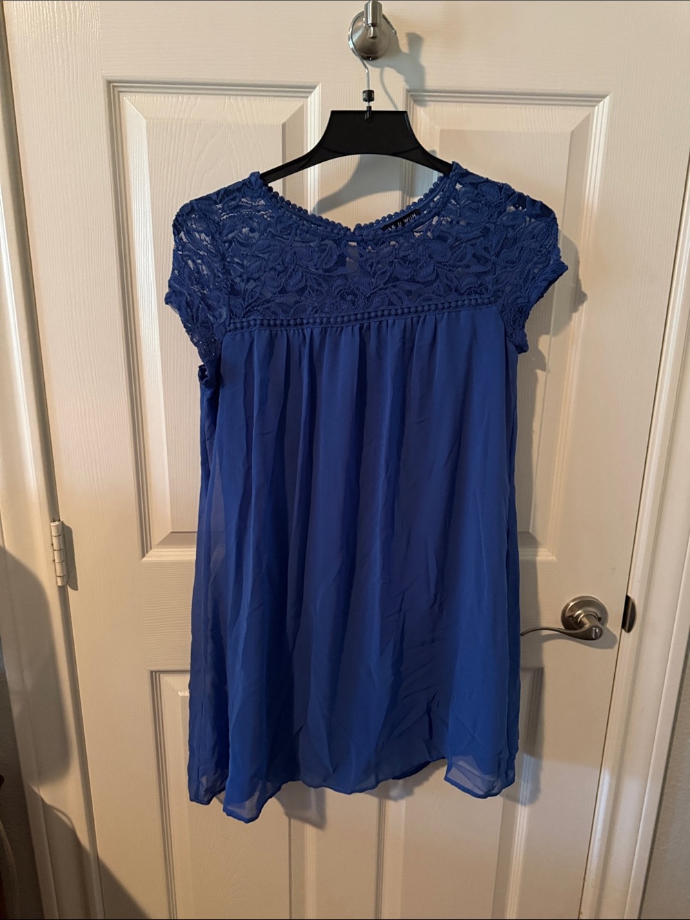 As U Wish Royal Blue Lace Yoke Cap-Sleeve Tunic